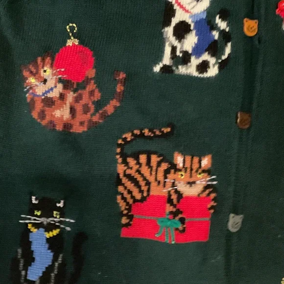 Vintage Y2K 2001 Womens XL Christmas Cat Bells Wool Blend Knit Cardigan Sweater - Picture 6 of 10
